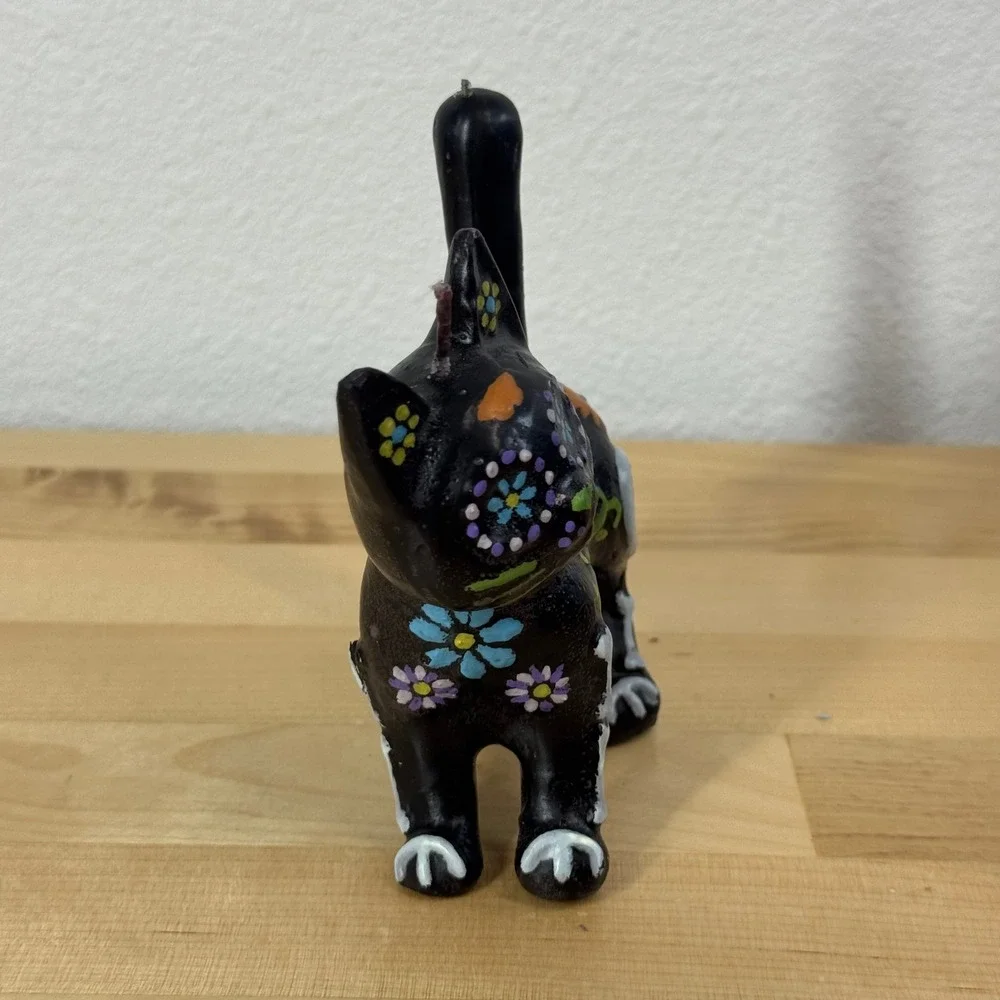 Day of the Dead Black Cat Skeleton Candle Hand Painted Dia de los Muertos Decor